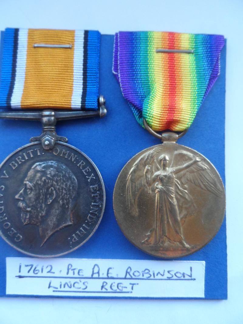 BRITISH WAR AND VICTORY MEDALS-TO ROBINSON-LINCOLNSHIRE REGIMENT