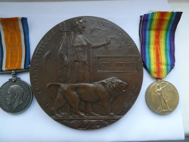 BRONZE MEMORIAL PLAQUE-BRITISH WAR AND VICTORY MEDALS TO PETER MITCHELL-SOUTH WALES BORDERERS-DIED 3RD OCTOBER 1918