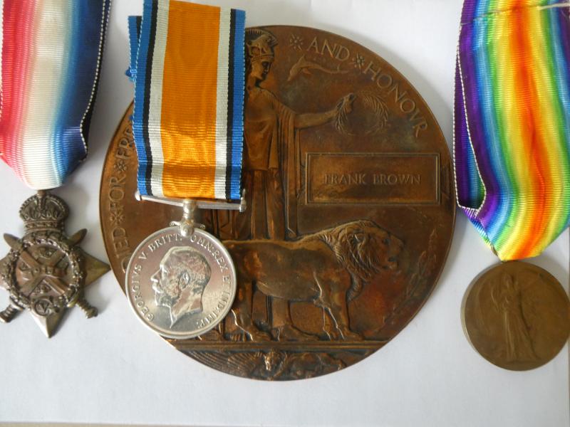 1914 STAR TRIO AND BRONZE MEMORIAL PLAQUE TO FRANK BROWN NORFOLK REGIMENT-KILLED IN ACTION ON 22ND AUGUST 1918
