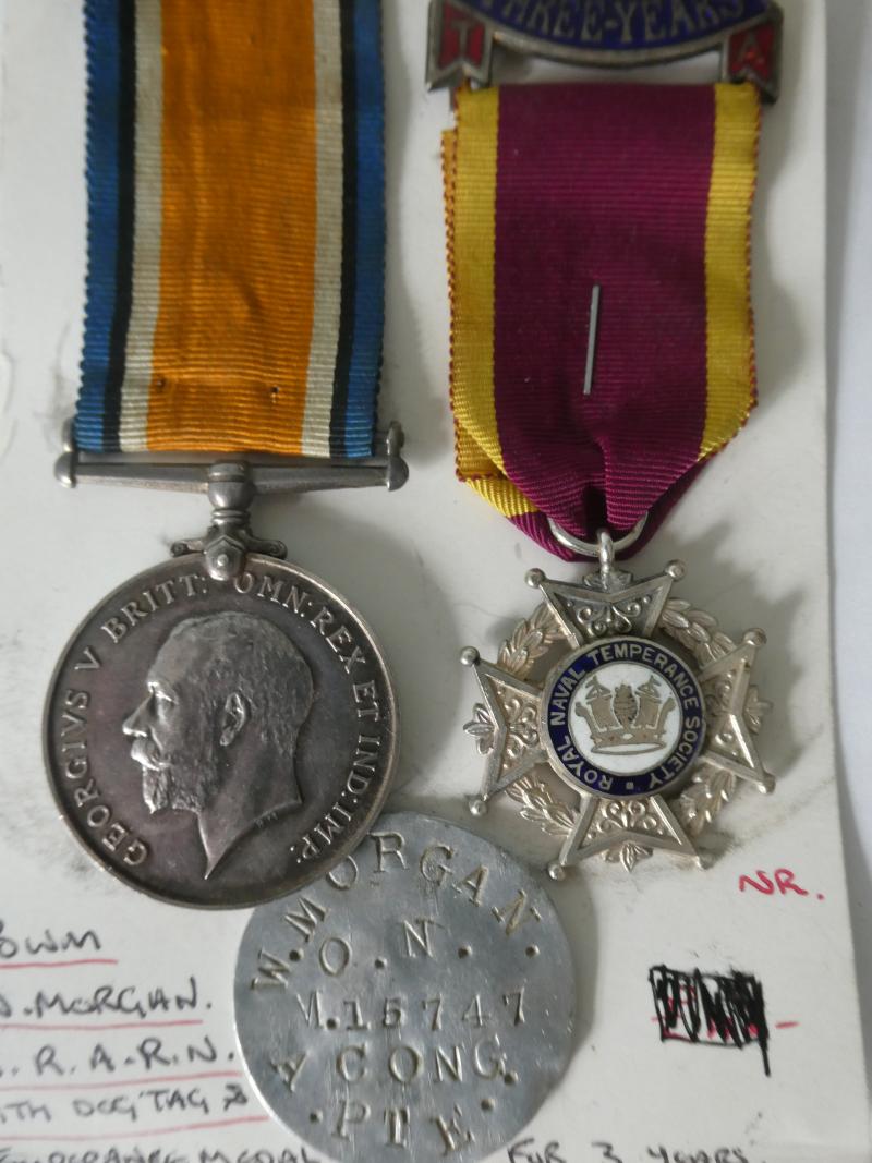 BRITISH WAR MEDAL TO SENIOR RESERVE ATTENDANT MORGAN-COMES WITH HIS DOG TAG AND SCARCE TEMPORANCE MEDAL