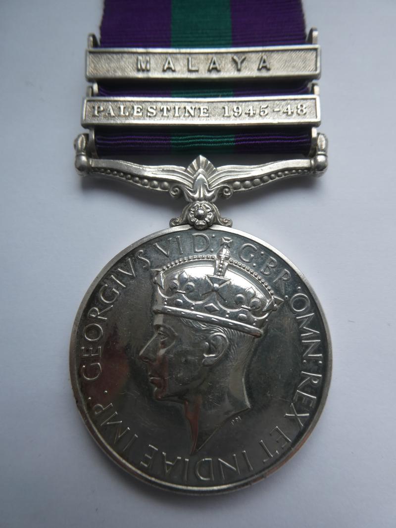 GENERAL  SERVICE MEDAL (QEII) CLASPS PALESTINE 1945-48 AND MALAYA-TO RUSSELL ROYAL AIR FORCE