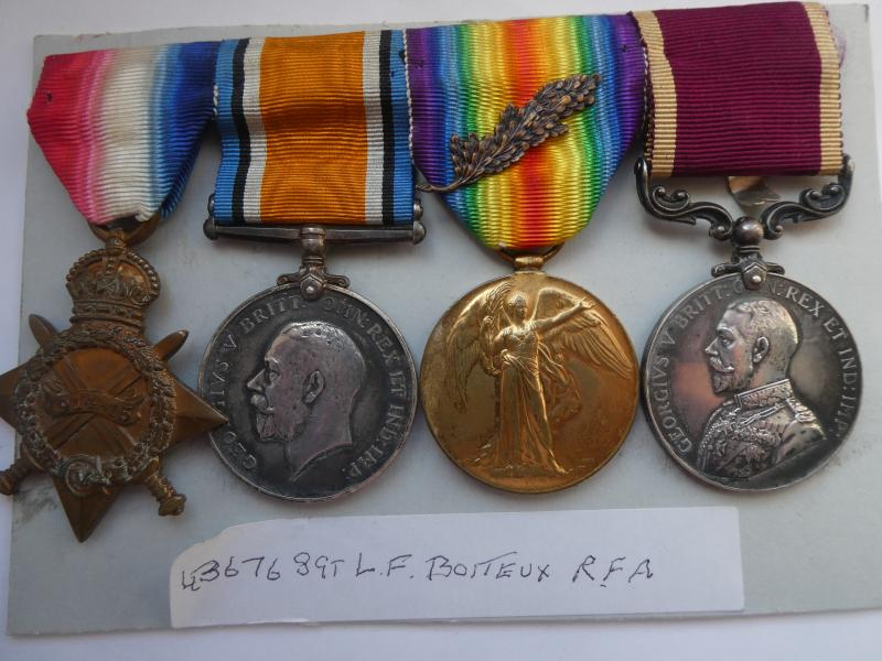 1914/15 STAR TRIO LONG SERVICE GROUP OF FOUR-TO BOITEUX-ROYAL FIELD ARTILLERY-FORMERLY AN OFFICERS SERVANT-MENTIONED IN DESPATCHES 1919
