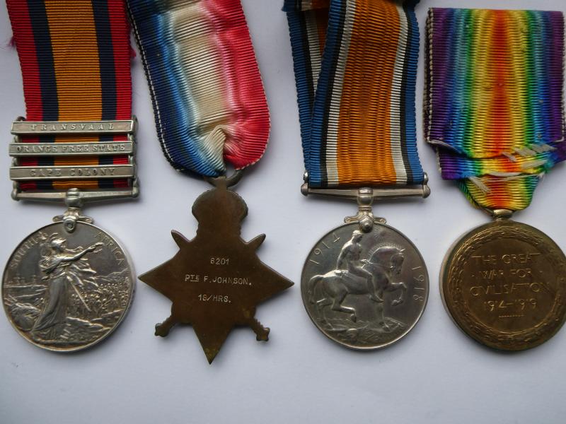 QUEENS SOUTH AFRICA MEDAL -1914 STAR TRIO JOHNSON-NORFOLK REGT MOUNTED INFANTRY AND 18TH HUSSARS-LATER SERVED WITH THE TANK CORPS