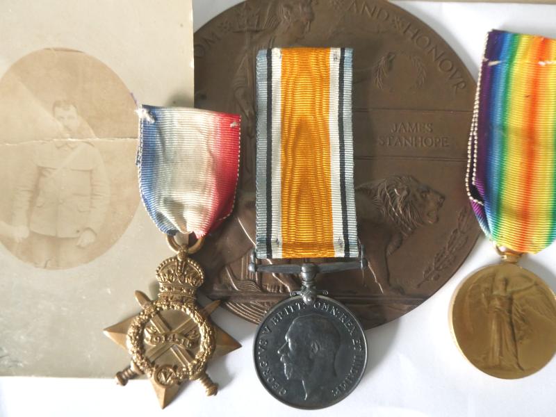 1914/15 STAR TRIO,PLAQUE AND ORIGINAL PHOTO TO STANHOPE-SUFFOLK REGT-KILLED IN ACTION ON 21/07/1916-FROM LONG MELFORD-SUFFOLK