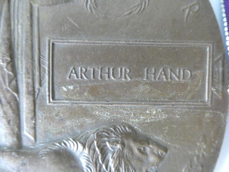 MEMORIAL PLAQUE-BRITISH WAR AND VICTORY MEDALS TO ARTHUR HAND-GLOUCESTERSHIRE YEOMANRY-DIED OF WOUNDS ON 14TH OCTOBER 1918-SERVING WITH THE WORCESTERSHIRE REGT