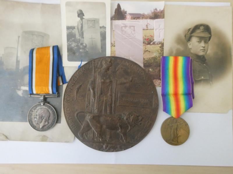 BRITISH WAR AND VICTORY MEDALS-BRONZE MEMORIAL PLAQUE-TO EDWARD HALL -MANCHESTER REGIMENT-DIED OF WOUNDS ON 10TH OCTOBER 1917-COMES WITH PHOTO'S PAPERS,ETC