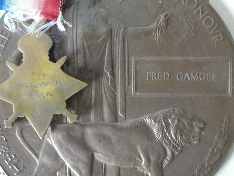 1914/15 STAR TRIO-BRONZE MEMORIAL PLAQUE AND MEMORIAL SCROLL TO FRED GAMGEE-MIDDLESEX REGY KILLED IN ACTION ON 26TH JUNE 1916-AGED 17-ENLISTED AS A DRUMMER AGED 15