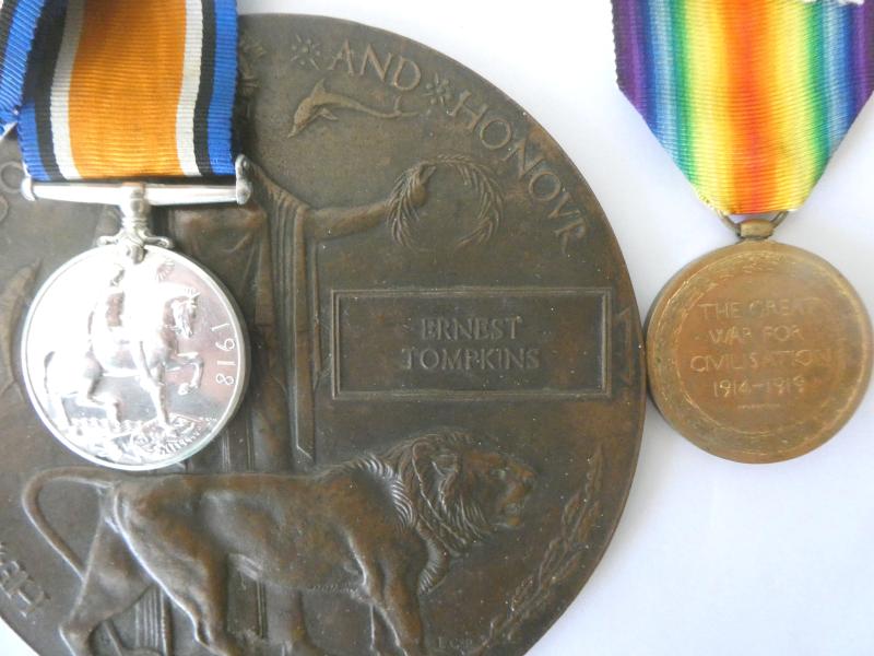 A WELL DOCUMENTED PAIR AND PLAQUE TO PRIVATE ERNEST EARP TOMPKINS- ESSEX YEOMANRY-KILLED IN ACTION ON 18th AUGUST 1918-WITH HIS ACCOUNT OF BEING WOUNDED AT MONCHY-LE PREUX