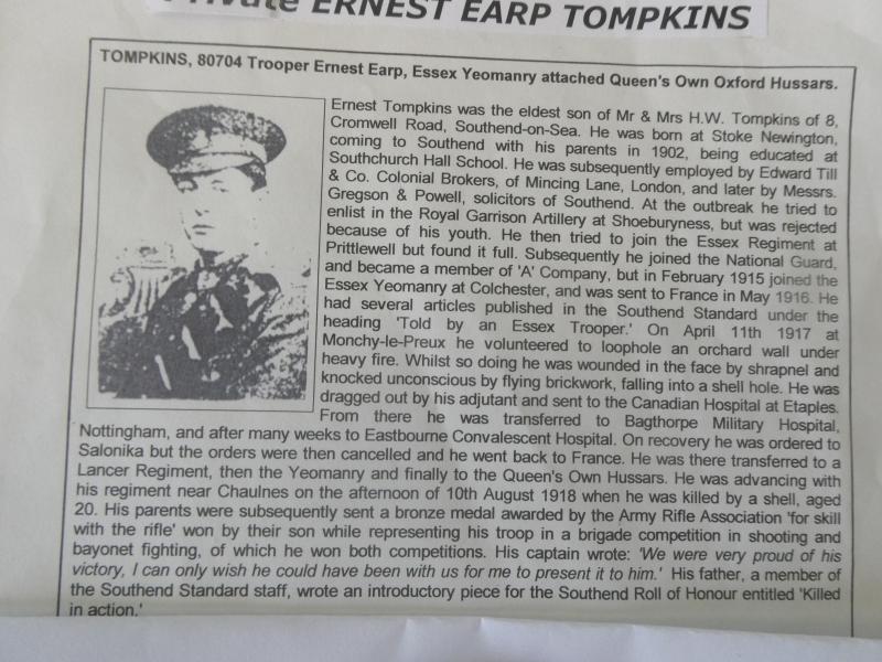 A WELL DOCUMENTED PAIR AND PLAQUE TO PRIVATE ERNEST EARP TOMPKINS- ESSEX YEOMANRY-KILLED IN ACTION ON 18th AUGUST 1918-WITH HIS ACCOUNT OF BEING WOUNDED AT MONCHY-LE PREUX
