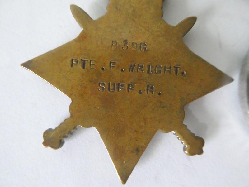 1914/15 STAR TRIO-TO WRIGHT-SUFFOLK REGT-DISCHARGED WITH A FRACTURED SKULL