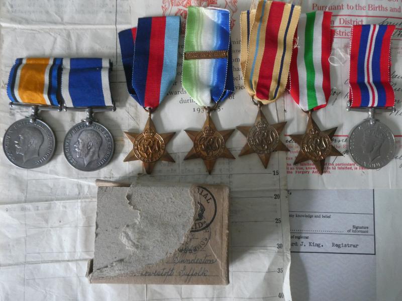 LONG SERVICE NAVAL GROUP OF 7 TO LEADING TELEGRAPHER  RUMSBY-H.M.S. ROYAL OAK ON HIS LONG SERVICE MEDAL-FROM SOMERLEYTON SUFFOLK